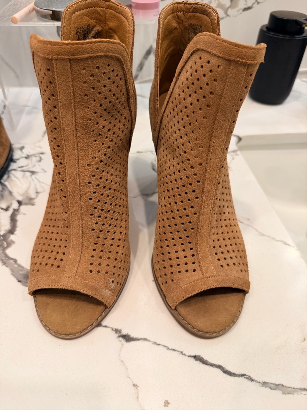 Lucky Brand Tan Perforated Suede Peep-Toe Ankle Boots